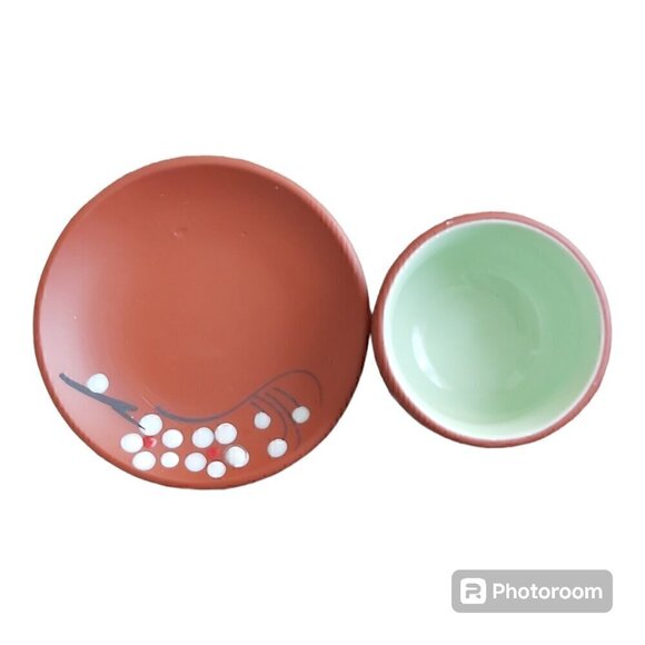 Hand Painted Ochoko Sake Tea Cups & Saucer Set, Plum Blossoms - Set Of 3 - Picture 3 of 8